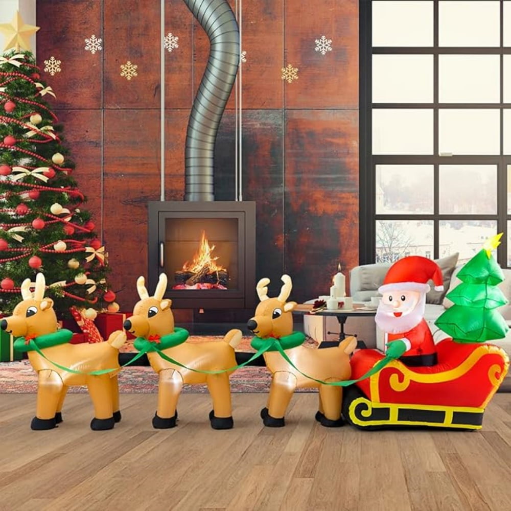 Lighted Christmas Inflatable Decoration 12 Ft Santa Claus on Sleigh with 3 Reindeer and Christmas Tree