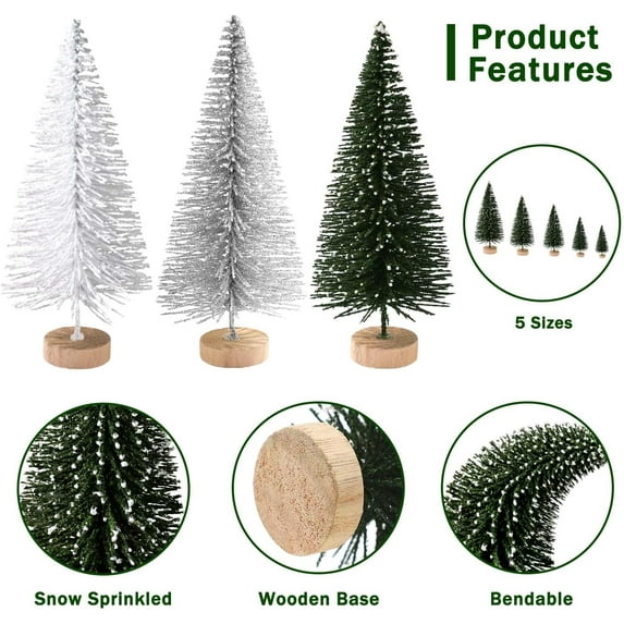 Cowin 30Pcs Mini Christmas Trees Decor, Artificial Christmas Tree 5 Sizes with Wooden Base for Christmas Decor Christmas Party Home Table Craft Decorations (Green+silver+white)