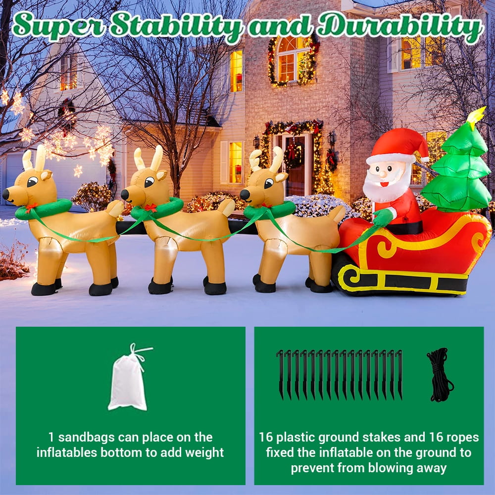 Lighted Christmas Inflatable Decoration 12 Ft Santa Claus on Sleigh with 3 Reindeer and Christmas Tree