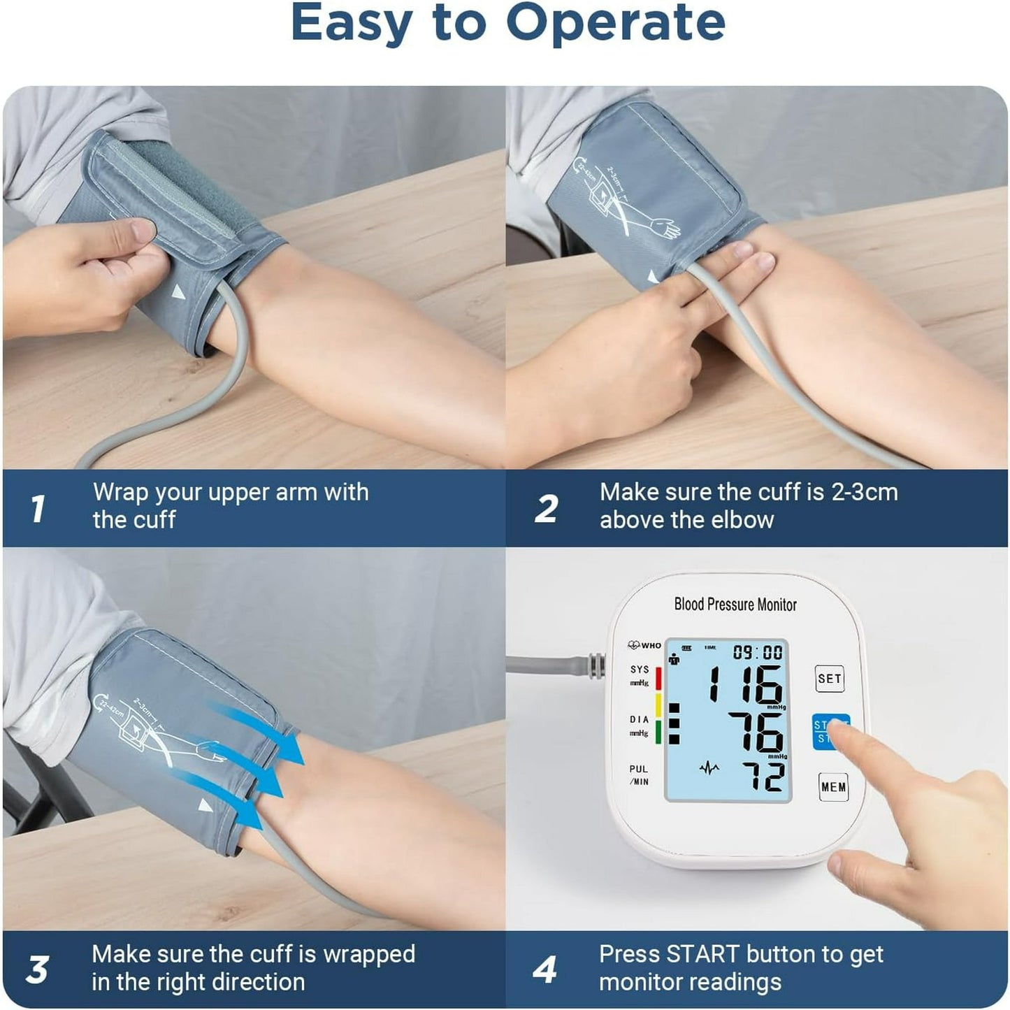 Cowin Blood Pressure Monitor Upper Arm Fit Reno Blood Pressure Cuff 8.7”- 15.7” Monitor Backlight Display HR Detection Digital BP Machine