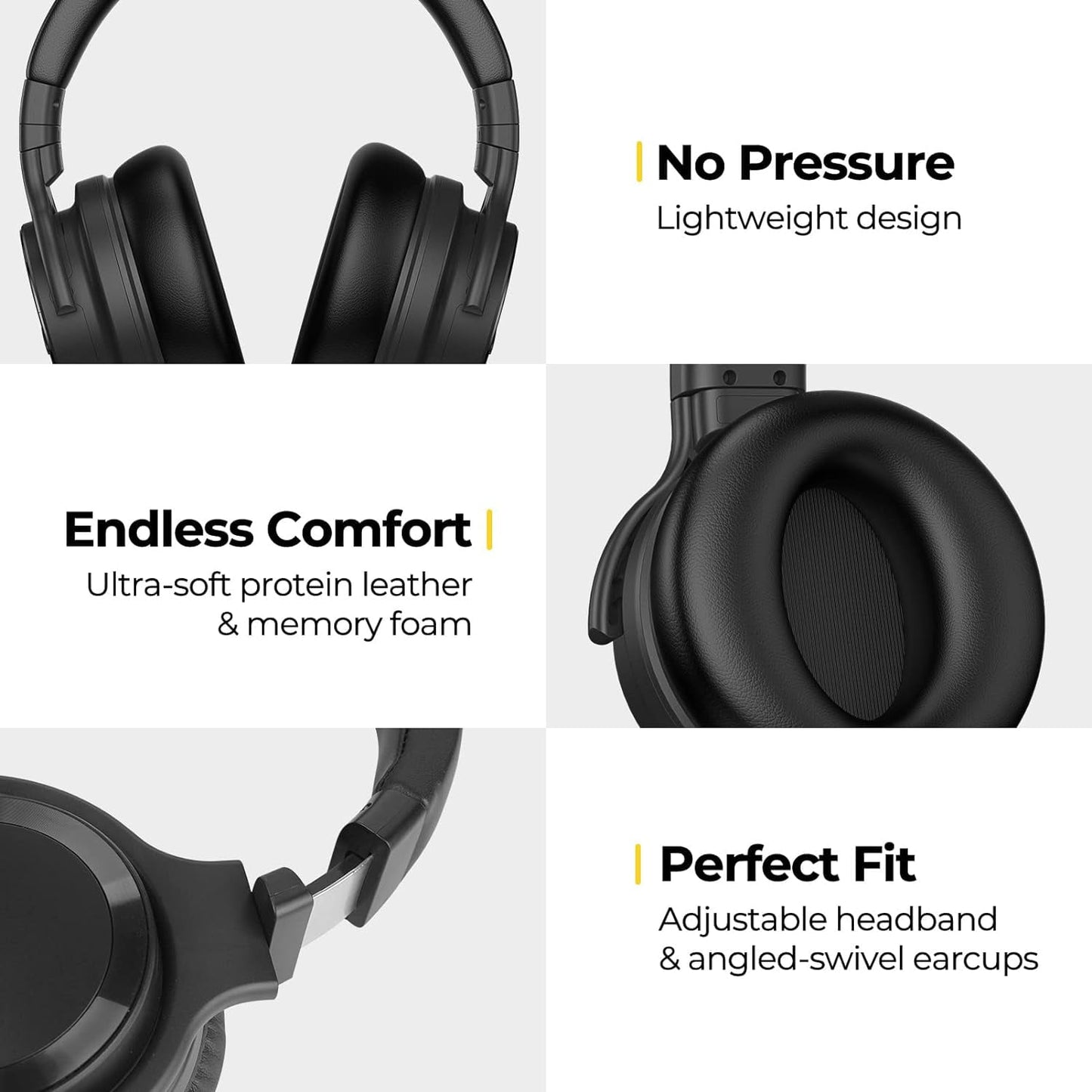COWIN Bluetooth Headphones Active Noise Cancelling Headphones Wireless Headphones Over Ear with Mic Deep Bass, Comfortable Protein Earpads, 30 Hours Playtime for Travel/Work, Black
