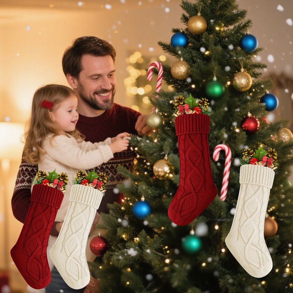 4PACK Christmas Stockings, Knitted Stocking for Holiday Christmas Party Family Decorations (Red White)