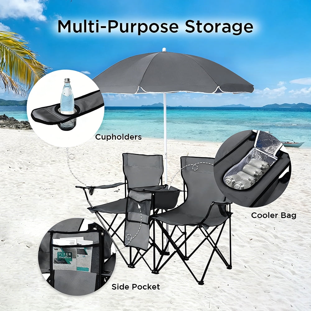 COWIN Outdoor Foldable Picnic Double Chair ,Camping Chairs with Umbrella Camping Double Portable Chairs Folding Beach Chair with Insulation Bag,Backpacking Gray