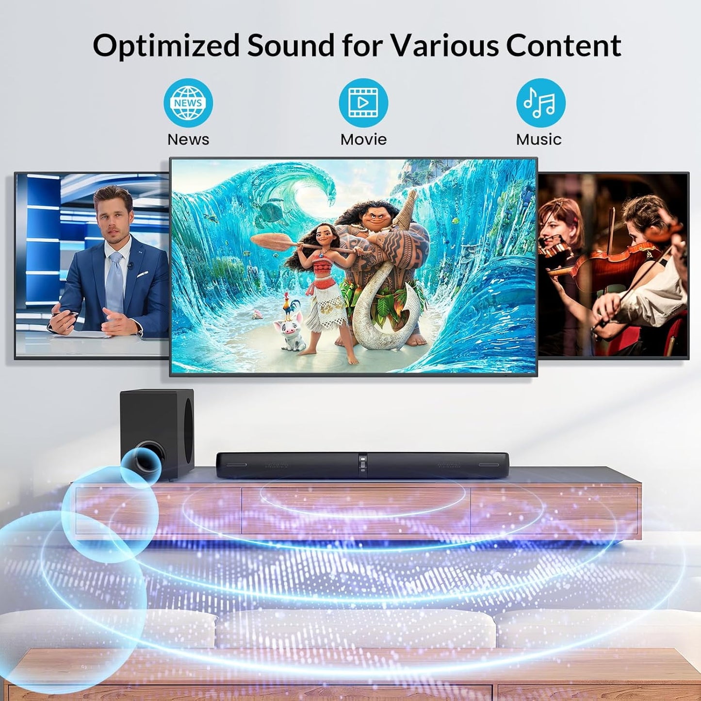 Cowin Sound Bar with Subwoofer, 110W Sound Bar for Smart TV with Adjustable Deep Bass & Volume Boost & 3 EQ Modes, Bluetooth/ARC/Opt/AUX, Detachable Soundbar for TV/PC/Gaming/Projector