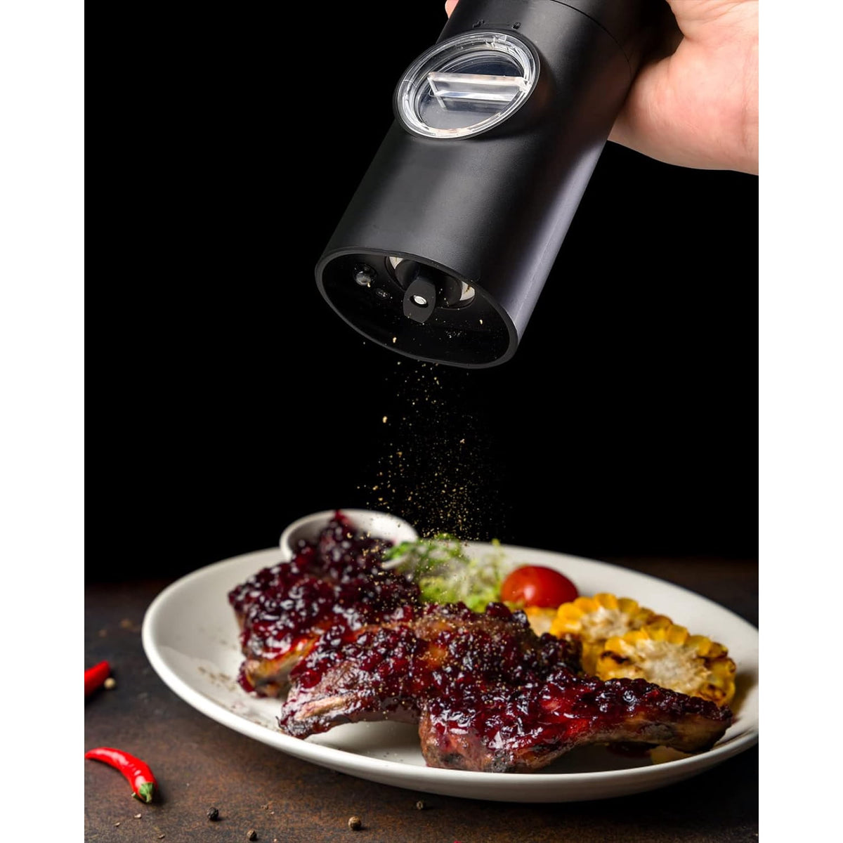 2 Pack Electric Salt and Pepper Grinder Set, Battery Powered - Automatic Salt Pepper Mill Grinder, Black