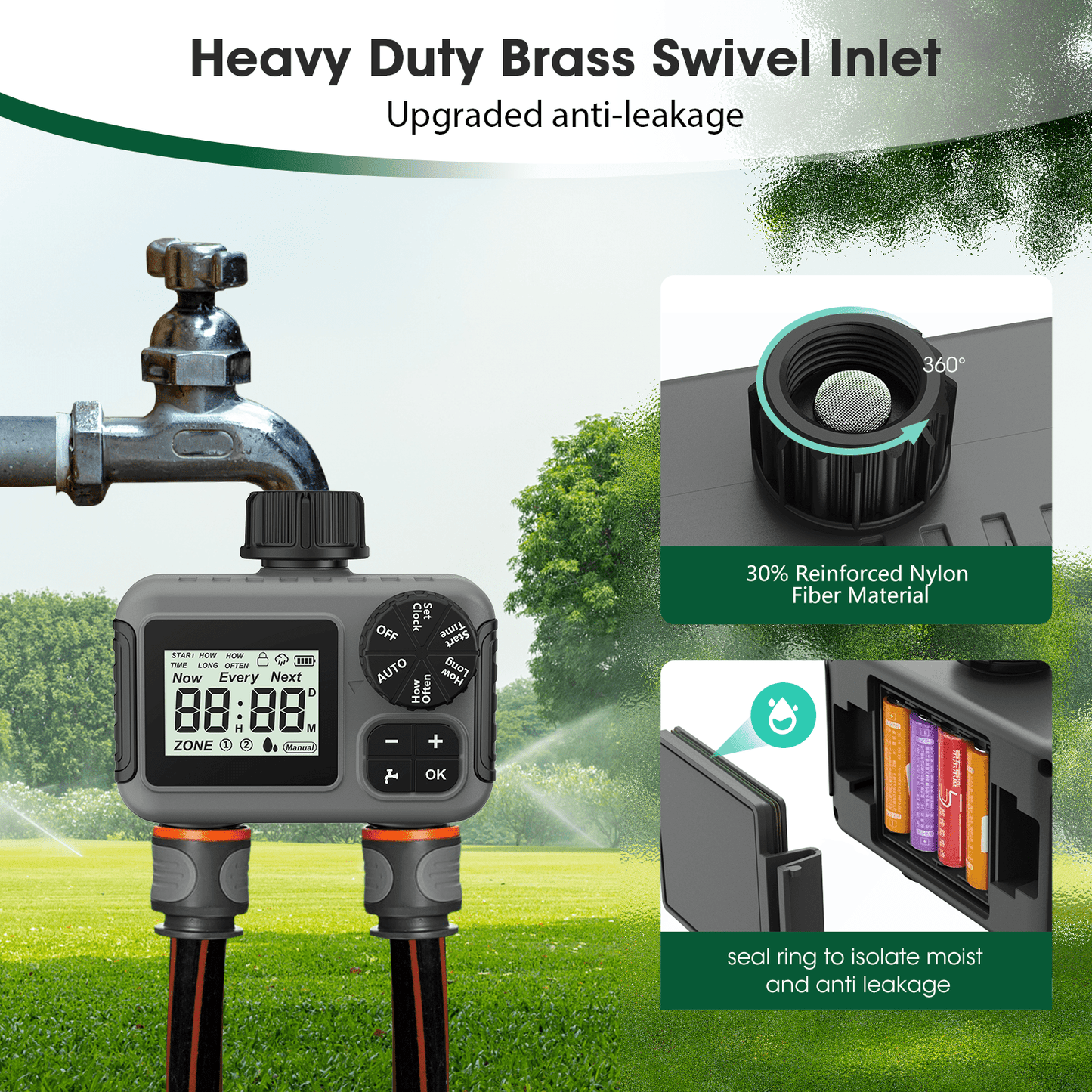 Cowin Sprinkler Timer 2 Outlet, Outdoor Garden Hose Faucet Timers with Rain Delay/Manual/Automatic Watering System, Digital Irrigation Timer for Yard, Gray
