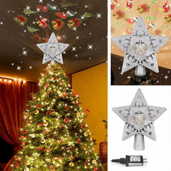 Cowin Christmas Tree Star Topper, Built-in Led Santa Claus Projector Pentagram Plug in Christmas Tree Ornament for Indoor Christmas New Year Holiday Tree Decor(Silver)