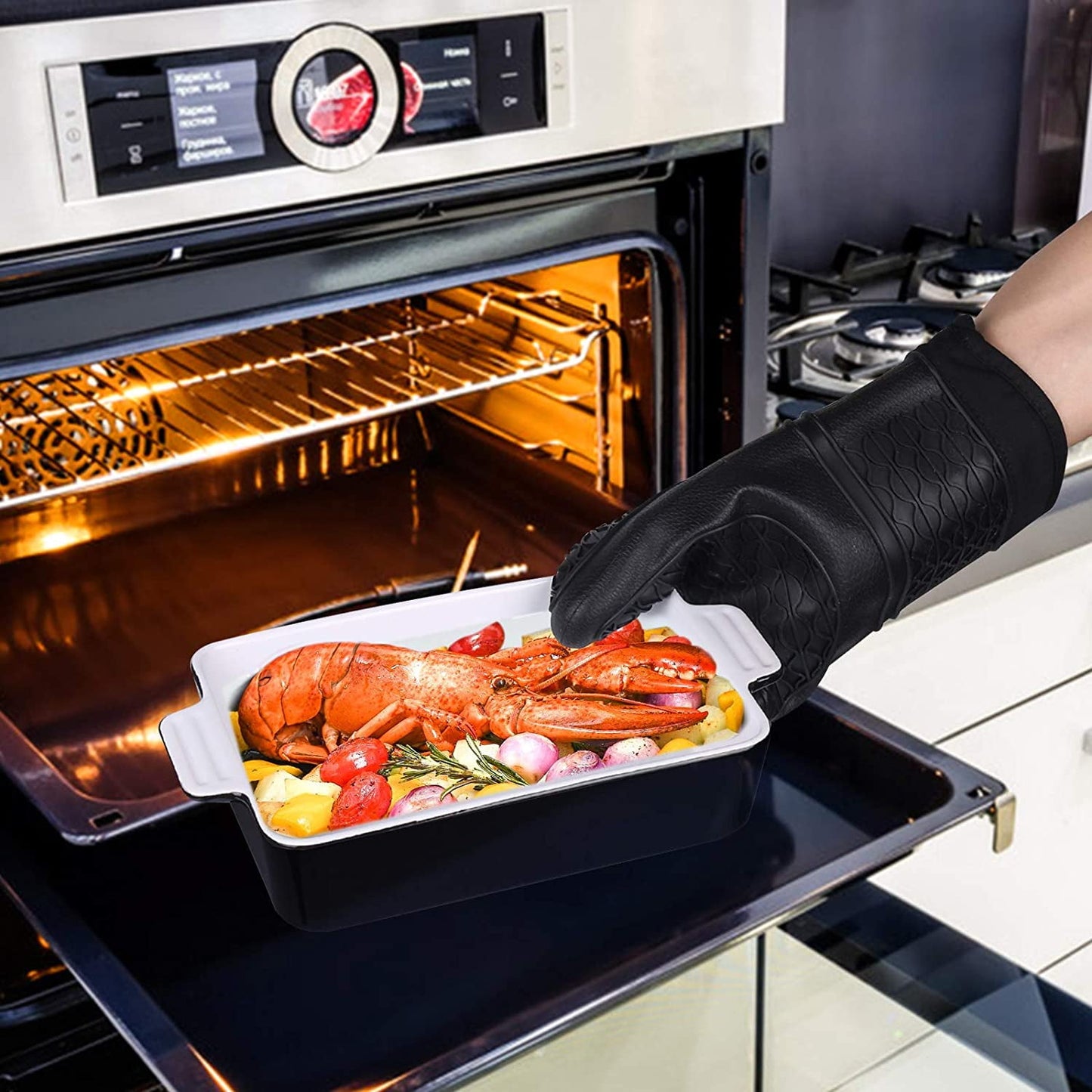 Silicone Oven Mitts Heat Resistant Oven Gloves to 446℉ Non-Slip with Quilted Liner Mitts for Cooking Baking and BBQ, Black