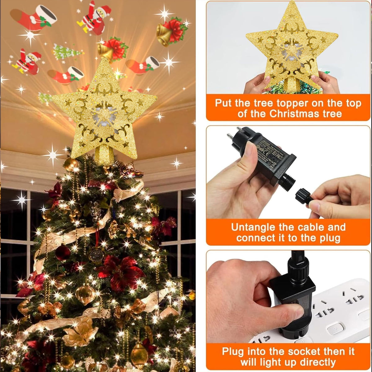 Cowin Christmas Tree Star Topper, Built-in Led Santa Claus Projector Pentagram Plug in Christmas Tree Ornament for Indoor Christmas New Year Holiday Tree Decor (Golden)