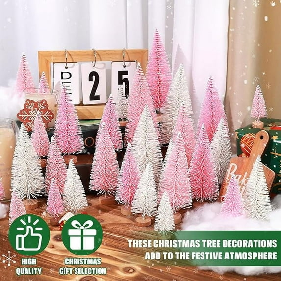 Cowin 30Pcs Mini Christmas Trees Decor, Artificial Christmas Tree 5 Sizes with Wooden Base for Christmas Decor Christmas Party Home Table Craft Decorations (Pink+white)