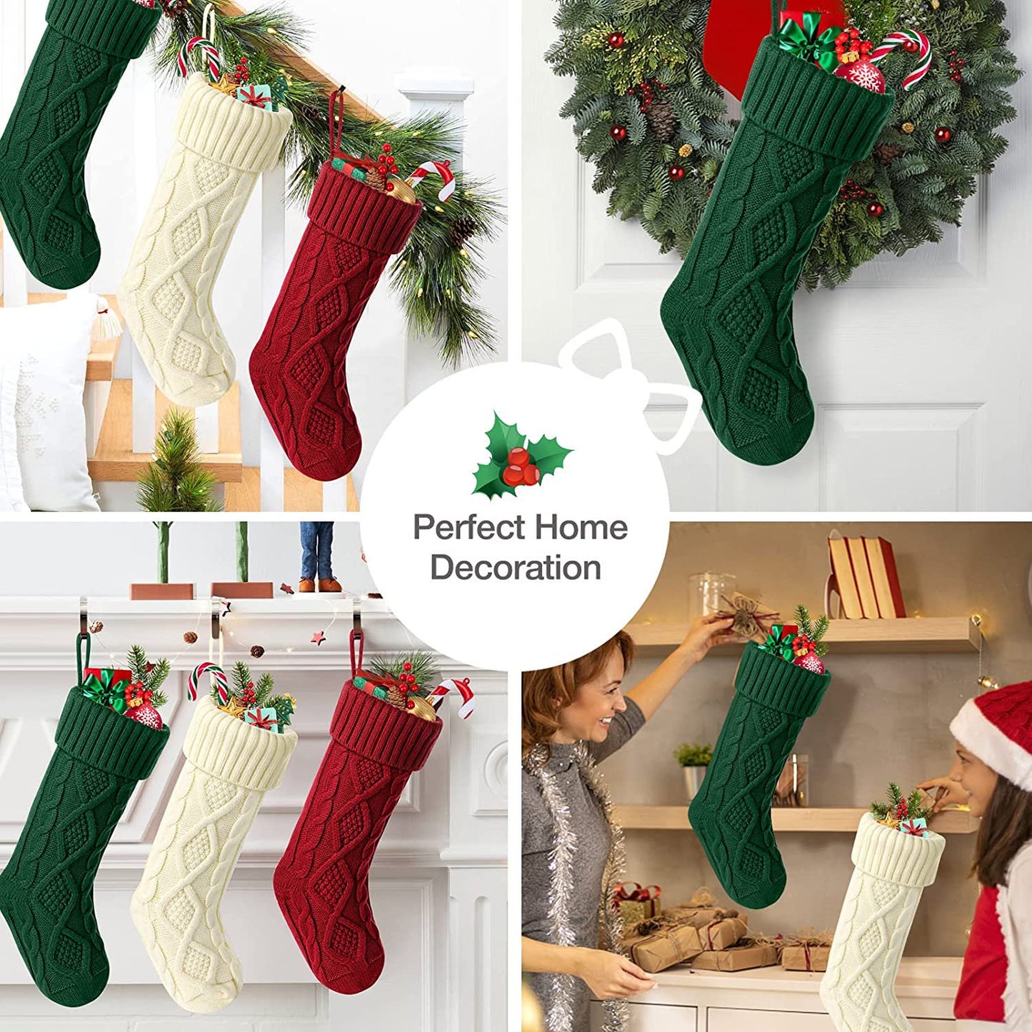 COWIN 6 Pack Knit Christmas Stockings, 18" Cable Knitted Stocking Decorations Xmas Rustic Farmhouse for Family Holiday Season, Burgundy, Ivory White, Green