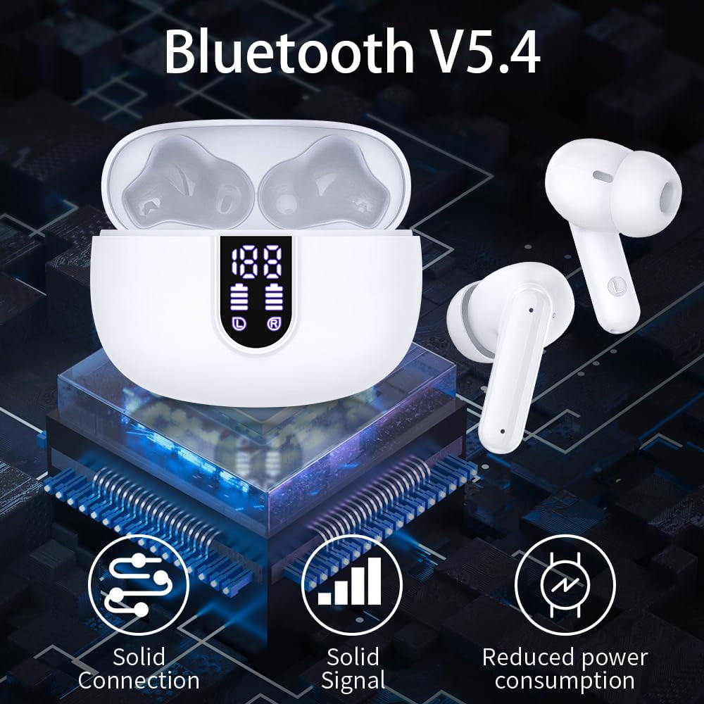 Wireless Earbuds Bluetooth Headphones, with LED Display Charging Case, Waterproof In-Ear Earphones with Mic for iPhone /Android /PC /Laptop, White