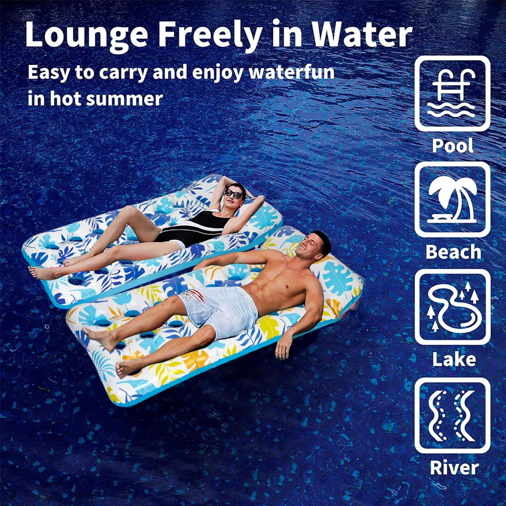 Cowin 2-Piece Float Set Lounger Inflatable Pool Floats, Translucent Adult Inflatable Reclining Chair, Pedal and Cup Holder, White and Blue