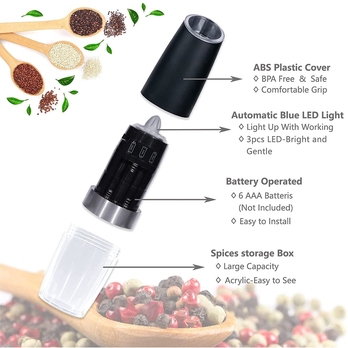 Cowin 2 Piece Set Electric Salt and Pepper Grinder Set , Adjustable Coarseness Mill Grinders Stainless Steel