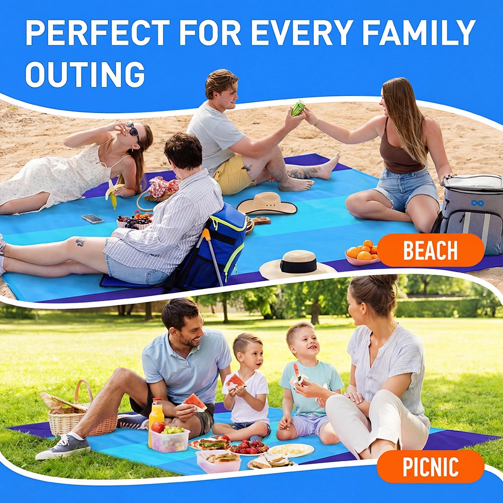 Beach Blanket 79" X 83" Lightweight Waterproof Sandproof Beach Mat Quick Drying Picnic Mat