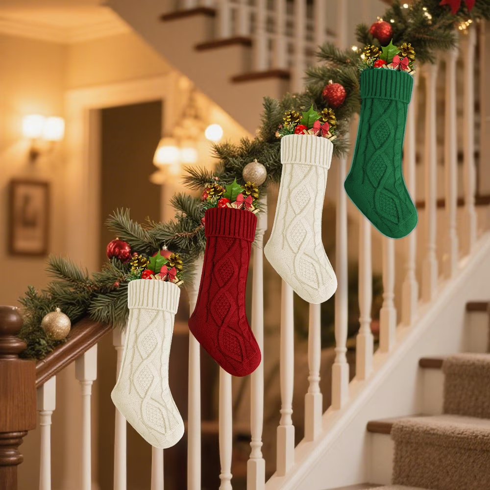 Cowin 4 Pack Christmas Stockings, Knitted Stocking for Holiday Christmas Party Family Decorations (Red White Green)