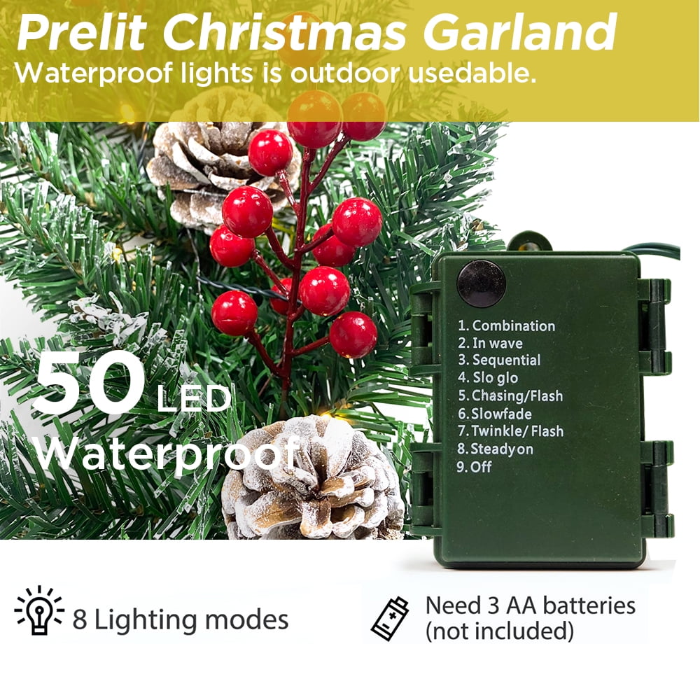 Cowin 9ft Pre-Lit Christmas Garland with 50 Waterproof LED Light and Pine Cones and Berries, 220 Branches Battery Operated Christmas Garland Decoration for Xmas Holiday Party