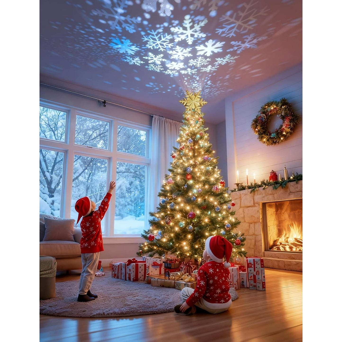 Christmas Tree Topper Lighted with Snowflake Projector, LED Rotating 3D Glitter Tree Topper for Christmas Tree, Christmas Decorations Lights