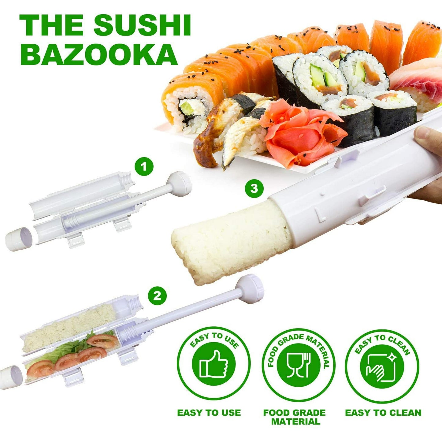 Sushi Making Kit, 2 Bamboo Sushi Mats and 1 Professional Sushi Bazooka Rice Roller, 2 Pairs of Bamboo Chopsticks, Avocado Slicer Holder Paddle Spreader, Rolling, Beginner Sushi Kit DIY at Home