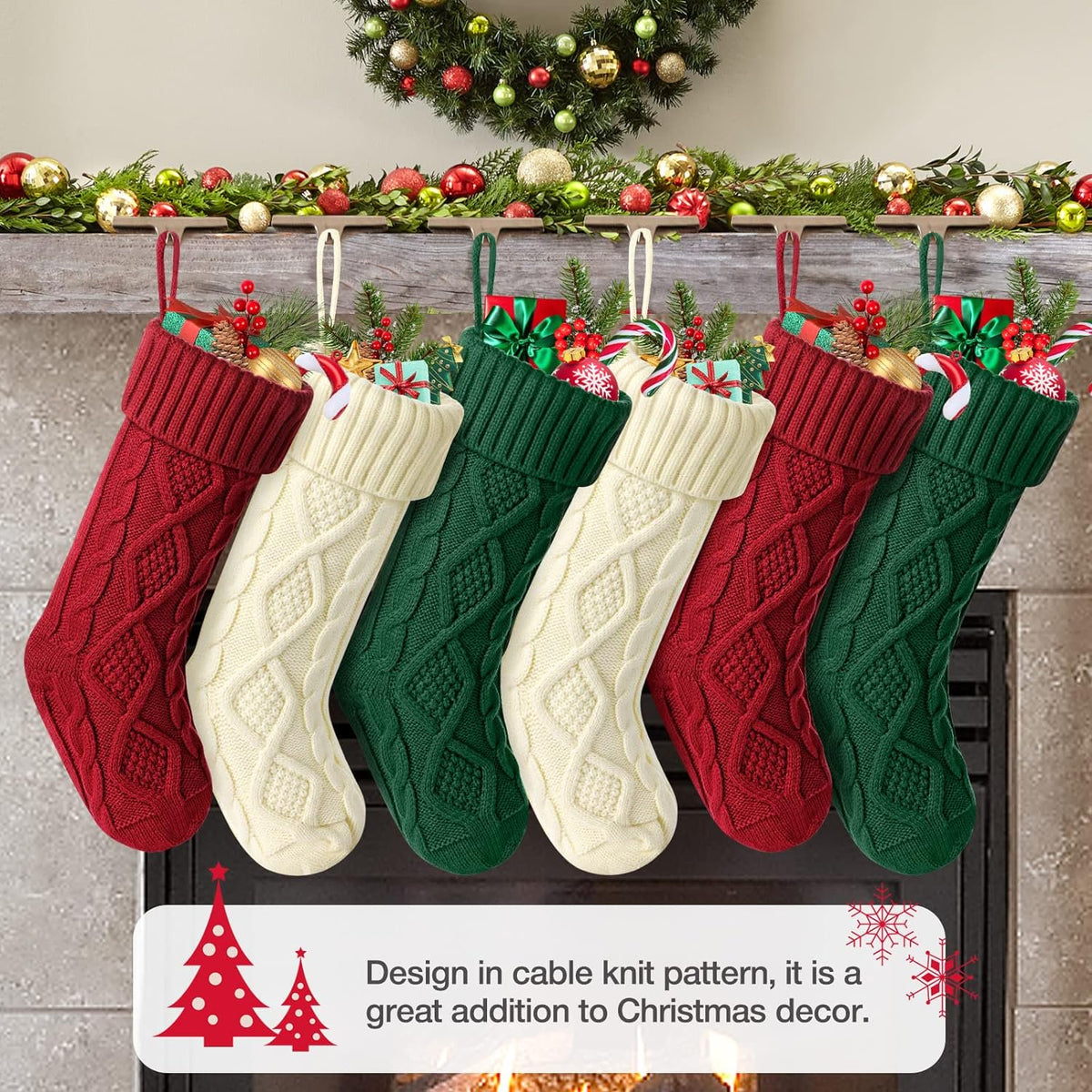 COWIN 6 Pack Knit Christmas Stockings, 18" Cable Knitted Stocking Decorations Xmas Rustic Farmhouse for Family Holiday Season, Burgundy, Ivory White, Green
