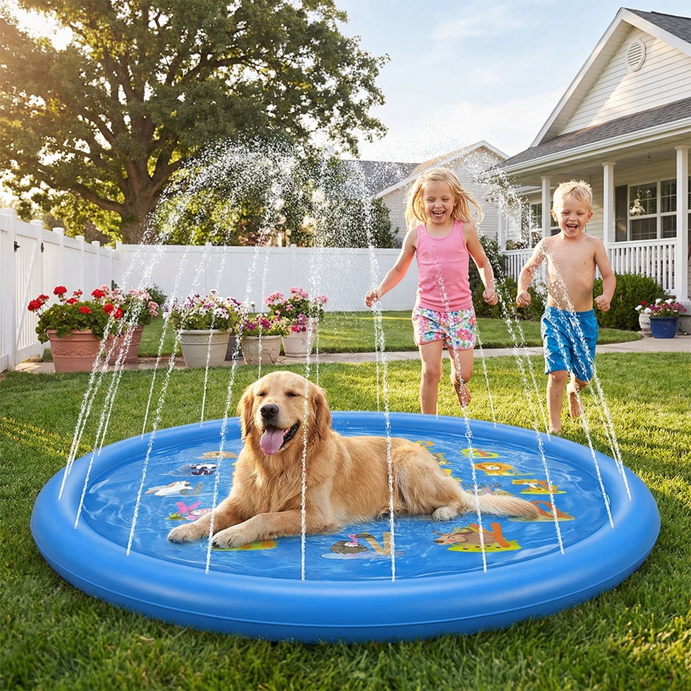 Non-Slip Splash Pad for Kids & Dog, 67'' Blue Water Play Mat for Outdoor Lawn Games, with Animals and Letters from A to Z