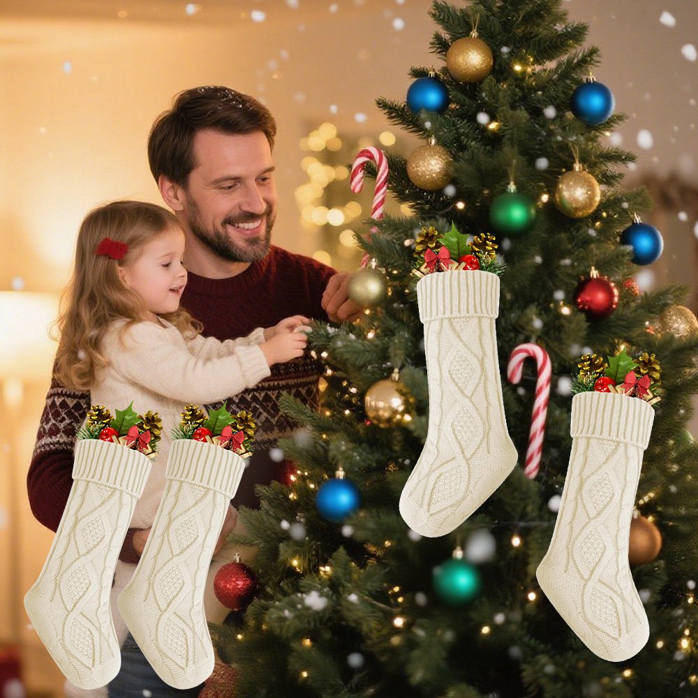 4PACK Christmas Stockings, Knitted Stocking for Holiday Christmas Party Family Decorations (White)