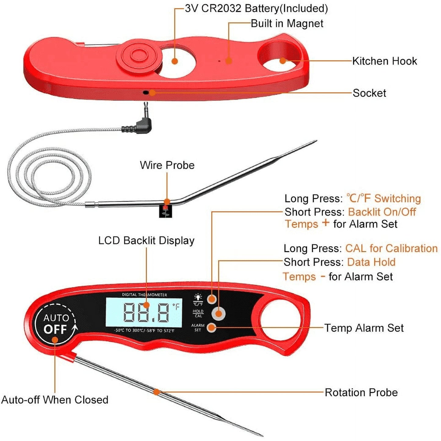 Digital Meat Thermometer for Cooking, Dual Probe Instant Read Food Thermometer with LCD Screen, Waterproof Cooking Thermometer with Alarm for Grilling, Smoker, BBQ, Oven