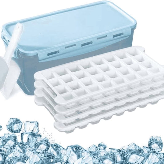 Cowin Silicone Ice Cube Tray with Lid, 4-Piece Mold for Big Ice Balls & Square Cubes, Blue