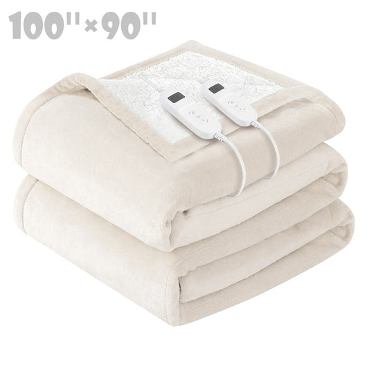 COWIN Electric Blanket King Size,Flannel and Soft Cotton Fleece Heated Blanket with 10 Heating Levels & 1-8 Hours Auto Shut Off, Machine Washable, Beige, 100" x 90"