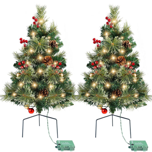 Cowin 25in Artificial Christmas Trees Set of 2 Pre-Lit Mini Christmas Trees with 30 LED Lights, Bright Ball, Pine, Berries for Indoor Outdoor Decor